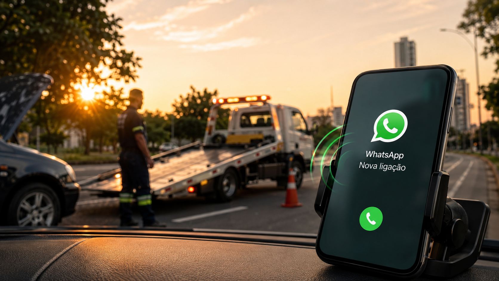 Empresa de guincho recebendo chamada de motorista pelo WhatsApp após anúncio local.