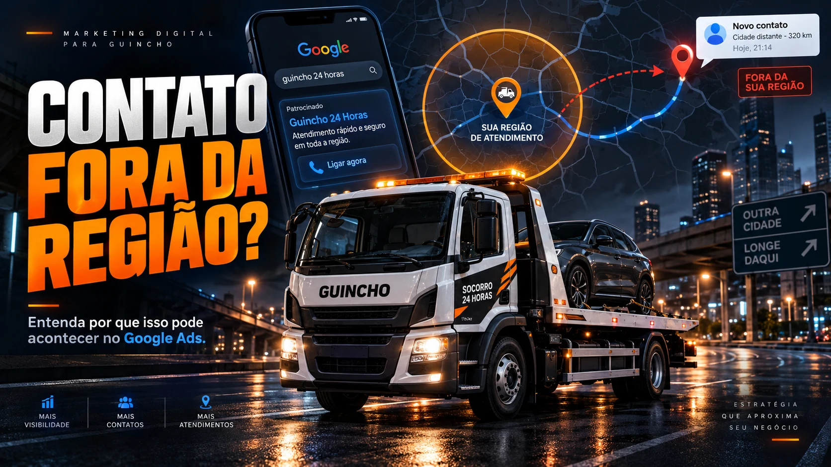 Caminhão-guincho e representação de regiões diferentes ilustrando contatos fora da área configurada no Google Ads.