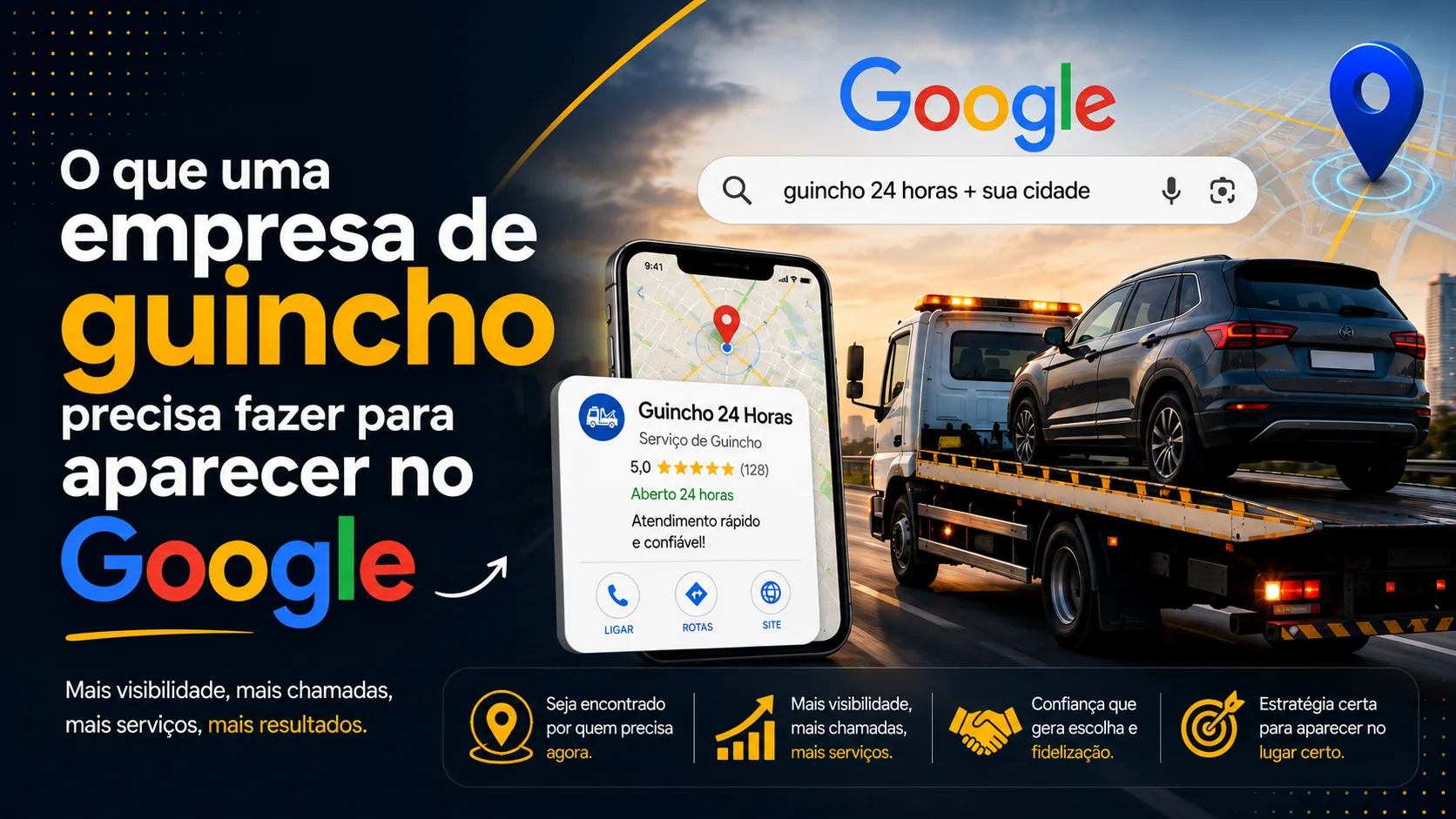 Gancho de reboque em primeiro plano representando a presença local de uma empresa de guincho no Google.