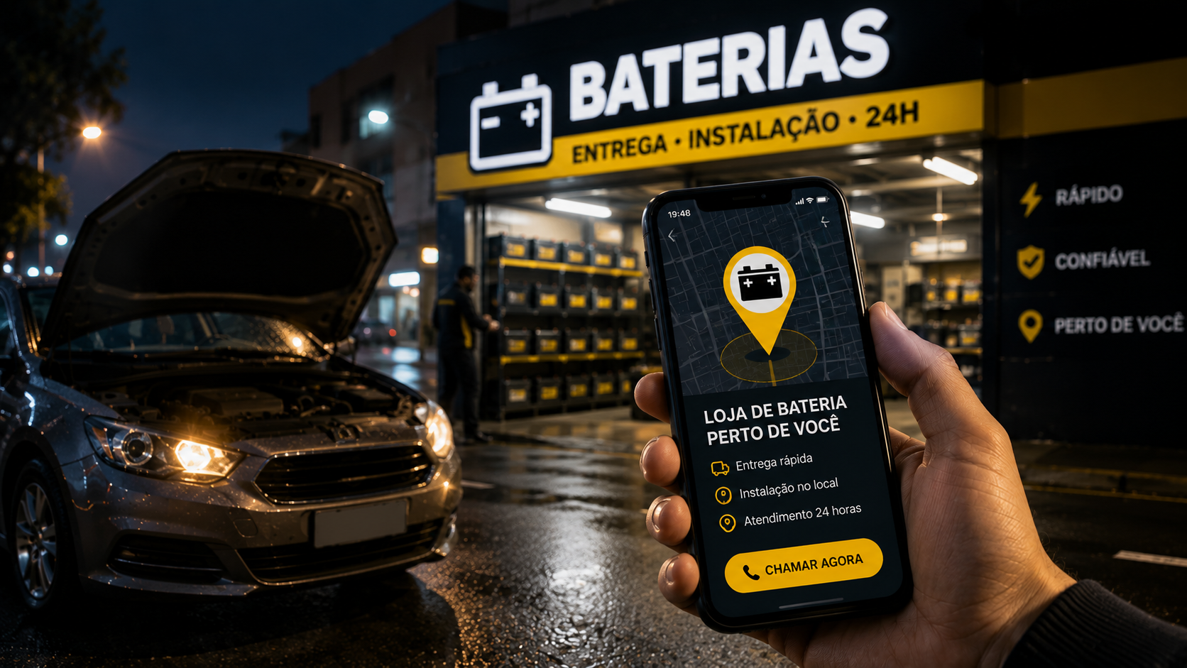 Bateria automotiva em destaque com carro ao fundo, representando uma loja que precisa aparecer no momento da troca urgente.