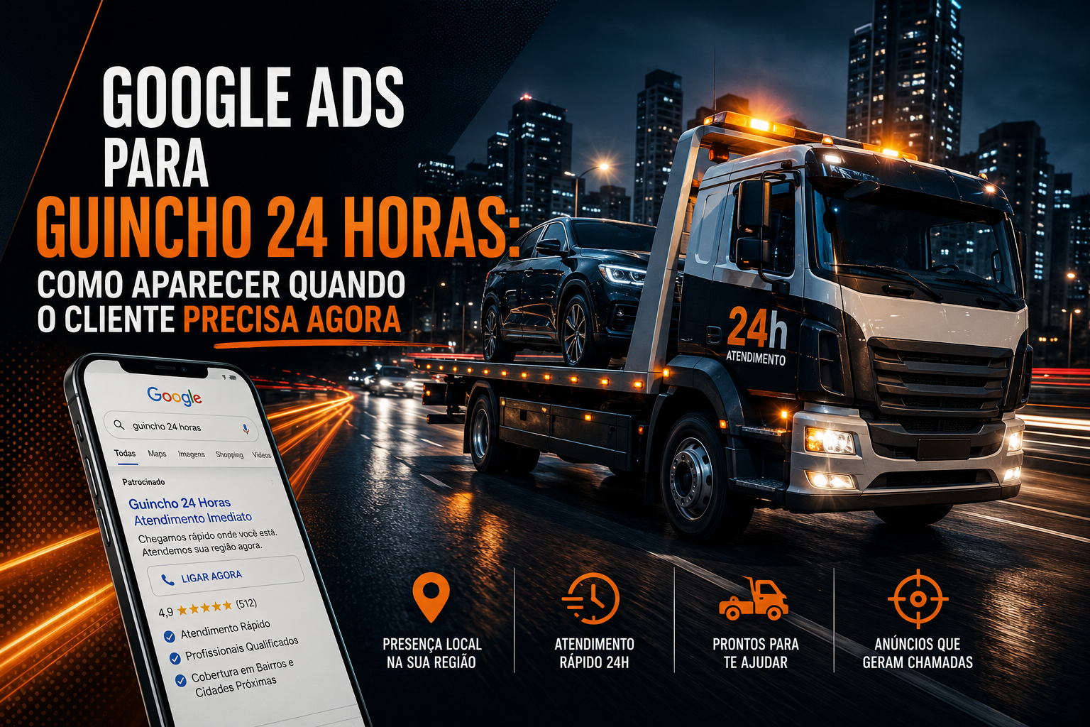 Caminhão-guincho em atendimento noturno representando anúncio de Google Ads para guincho 24 horas.