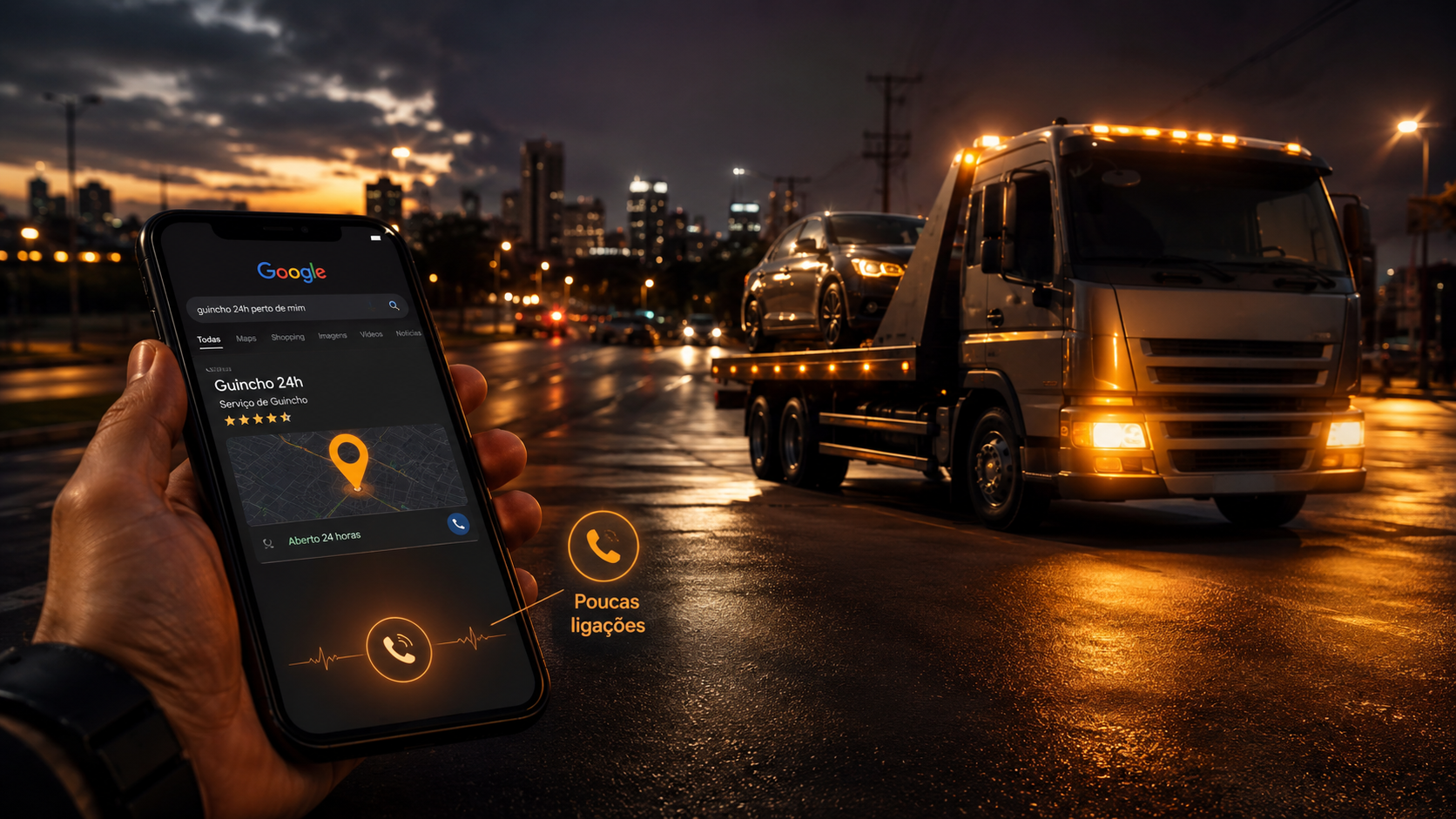 Caminhão-guincho em ambiente urbano com celular em destaque, representando empresa que aparece no Google mas recebe poucas ligações.
